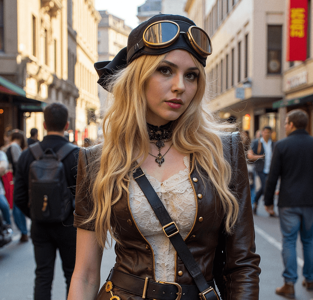 A woman dressed in a steampunk-inspired outfit, featuring leather attire, goggles, and a choker, standing confidently on a busy city street.