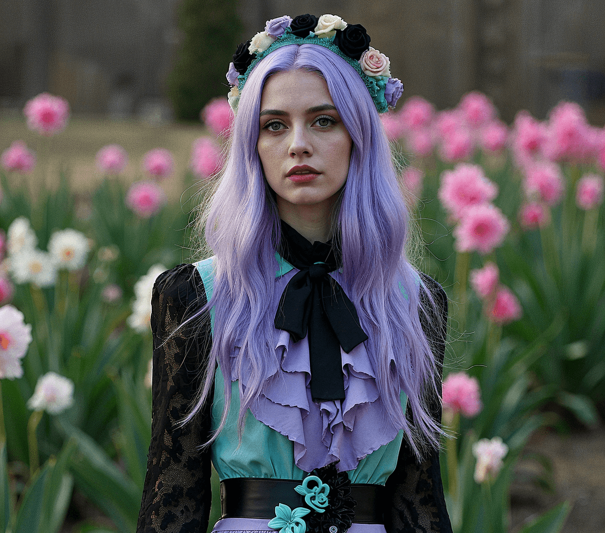 A person with long, pastel purple hair stands in a field of flowers, wearing a pastel goth outfit consisting of a ruffled purple dress with a mint green top, black lace sleeves, and a black ribbon tie.