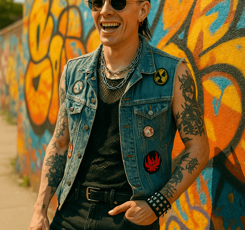 A smiling man with tattoos wears a sleeveless denim vest with punk patches, layered chains, studded bracelet, black mesh shirt, and sunglasses, standing in front of a colorful graffiti wall.