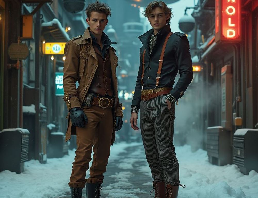 Two stylish men stand in a snowy, urban alleyway at dusk, dressed in steampunk-inspired outfits.