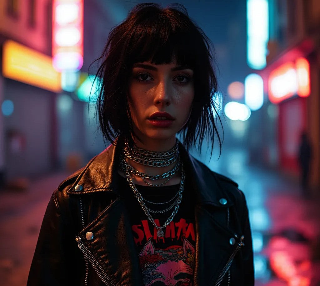 A person with short black hair and a fringe wears a leather jacket, layered chains, and a graphic t-shirt with a dark, punk aesthetic, standing in a neon-lit urban street at night.