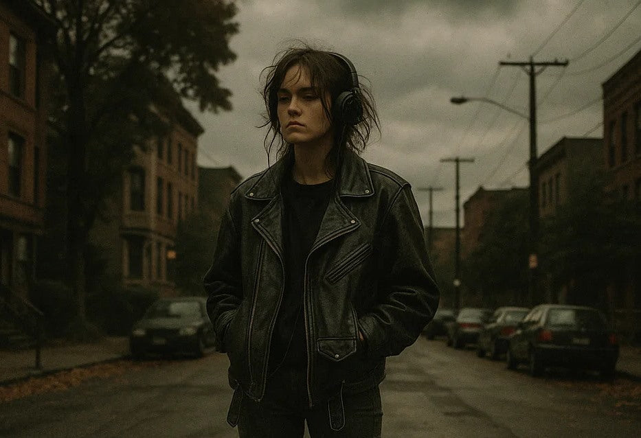 Person in a black leather jacket and headphones standing on a moody, leaf-strewn street in autumn.
