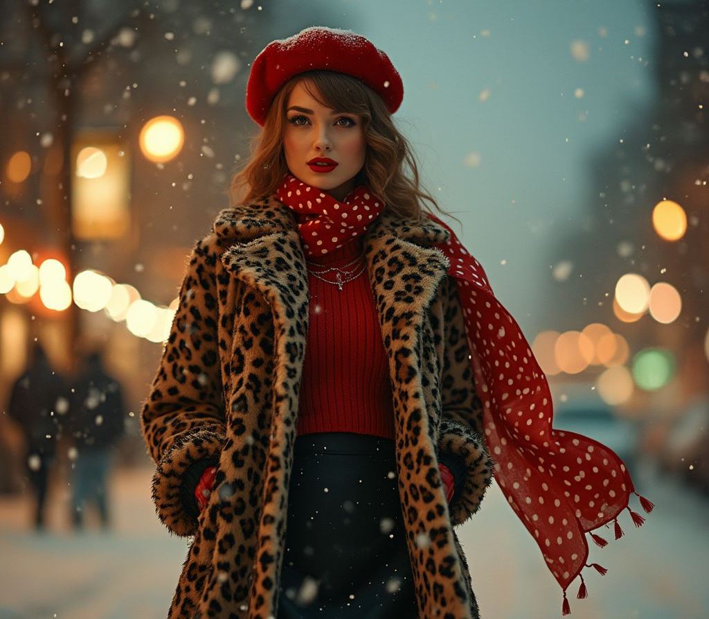 A stylish woman with fair skin walks through a snowy city street at night, wearing a leopard-print faux fur coat, a red beret, a red knit sweater, and a red polka-dot scarf.