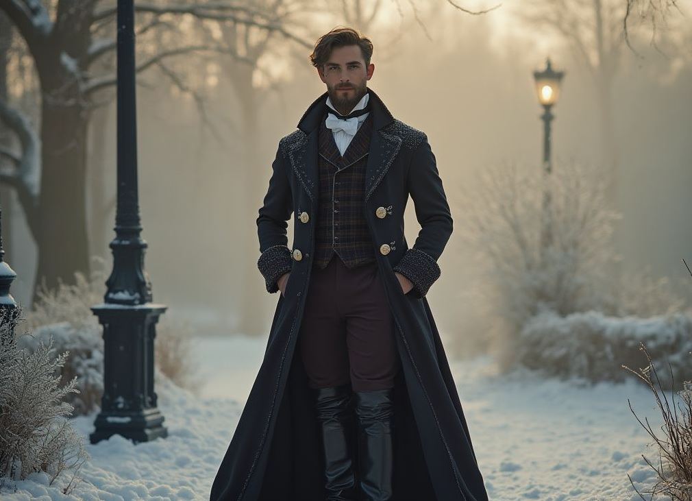 A man stands in a snowy park wearing a long, elegant Victorian-style coat with a plaid vest and high boots. The soft sunlight creates a warm glow, enhancing the wintery atmosphere.