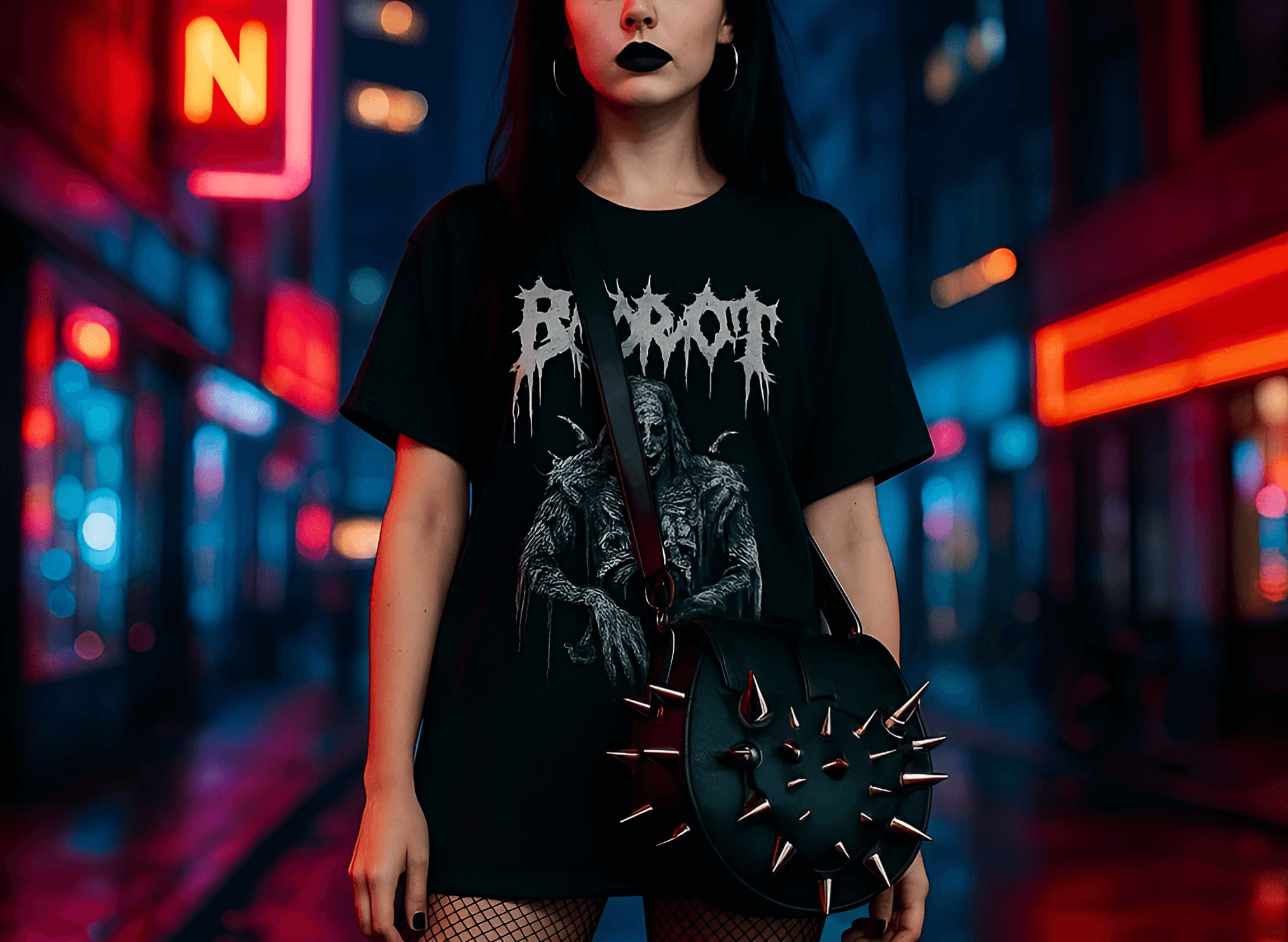 Woman in a black band tee and fishnets wearing a spiked black gothic bag on a neon-lit city street.