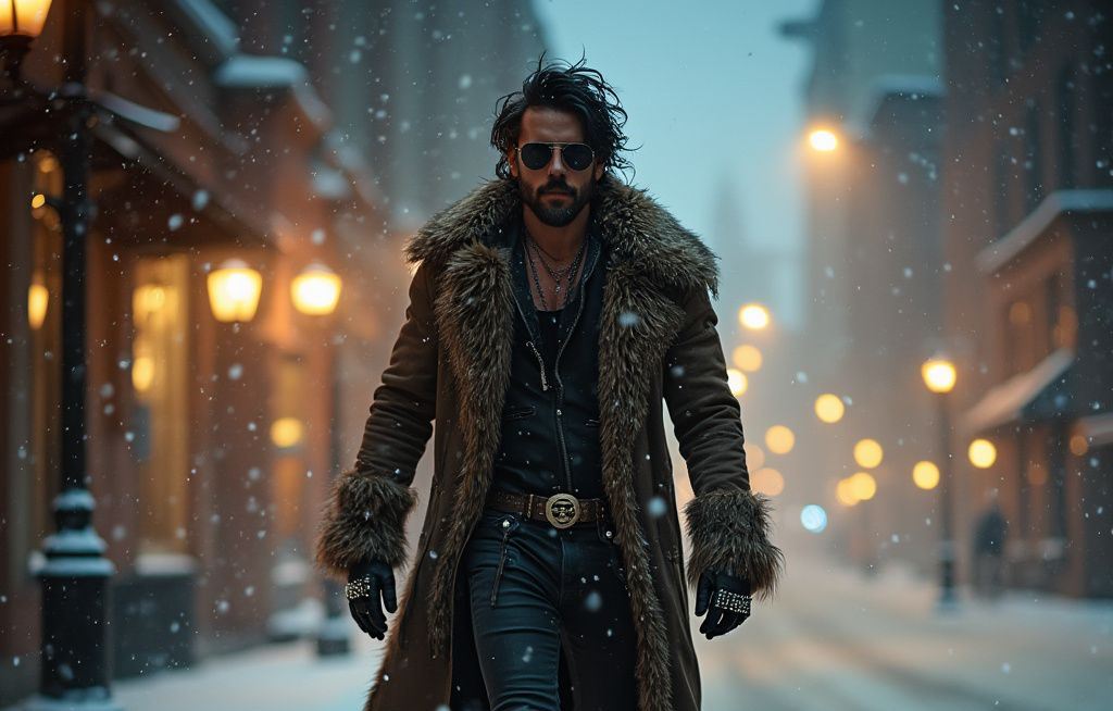 A man dressed in a fur-trimmed winter coat, leather pants, and gloves, walking through a snowy street illuminated by street lamps, exuding a bold, rock-inspired winter fashion style.