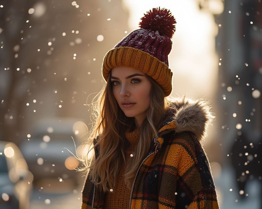 A young woman wearing a cozy yellow and maroon knitted beanie and a plaid winter jacket with a fur-lined hood, standing in a snowy environment with soft sunlight in the background.