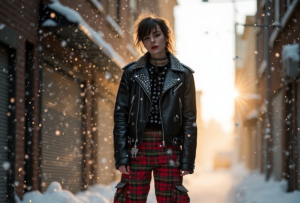 A woman dressed in a punk-inspired outfit with a studded leather jacket, black top, and plaid pants stands in a snowy alley, with sunlight filtering through the background.