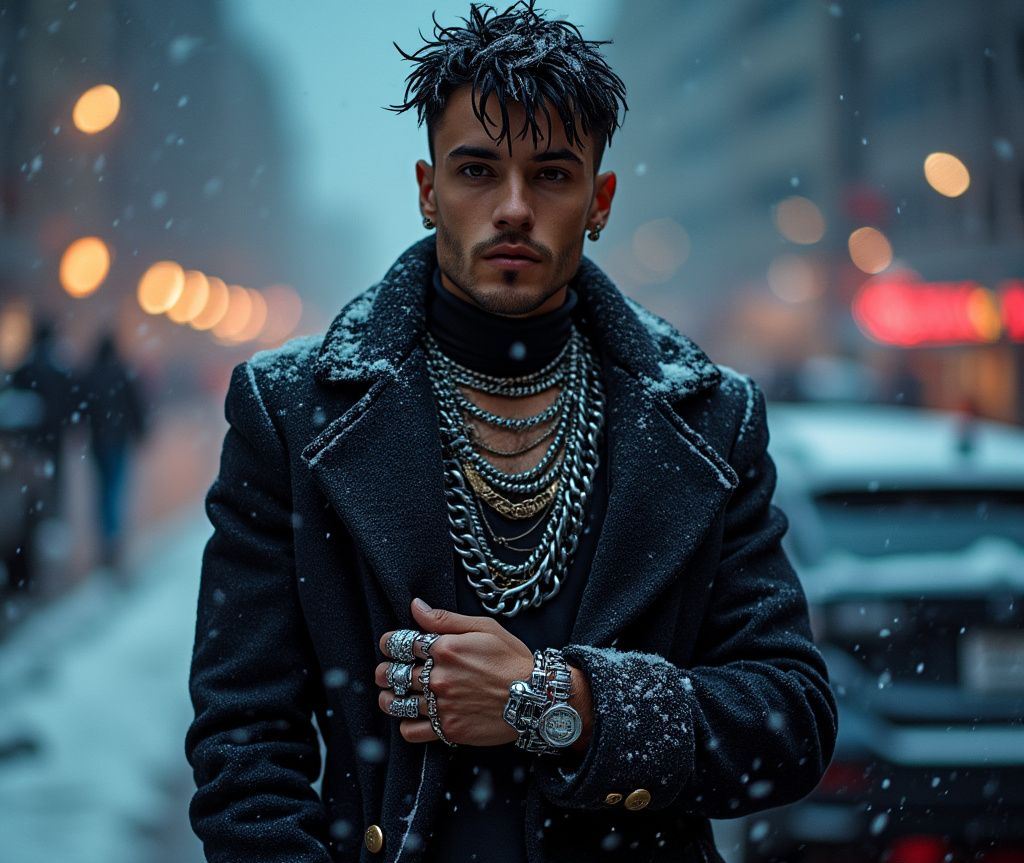 A man stands confidently on a snowy city street, dressed in a dark, textured winter coat layered over a black turtleneck. 