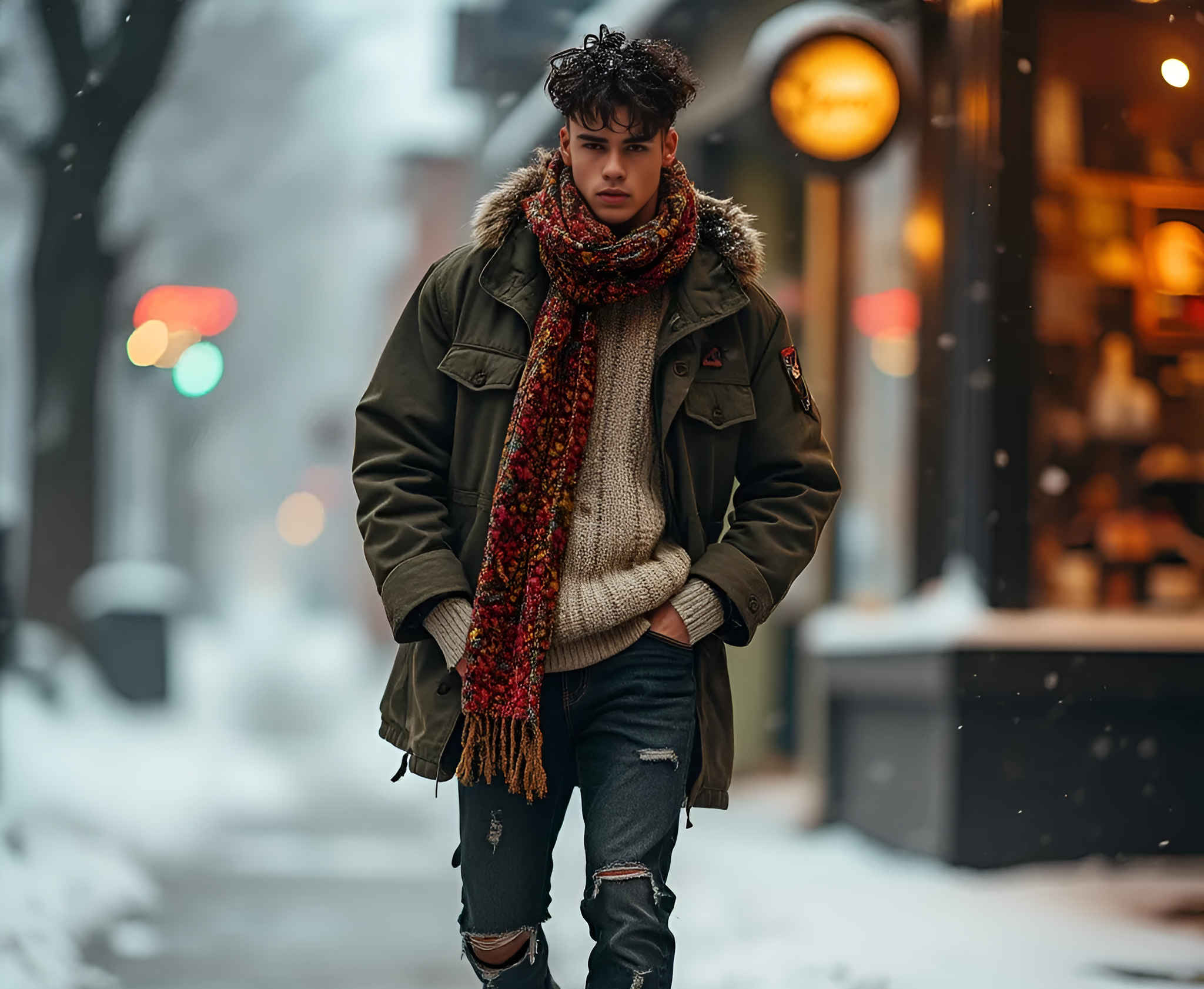 A young man walks through a snowy city street, dressed in a cozy sweater, a green parka, and a colorful scarf.