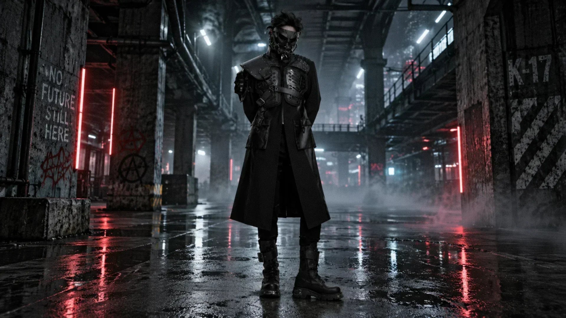 Cyberpunk fashion outfit with tactical black layers and boots in a neon-lit industrial underpass at night.