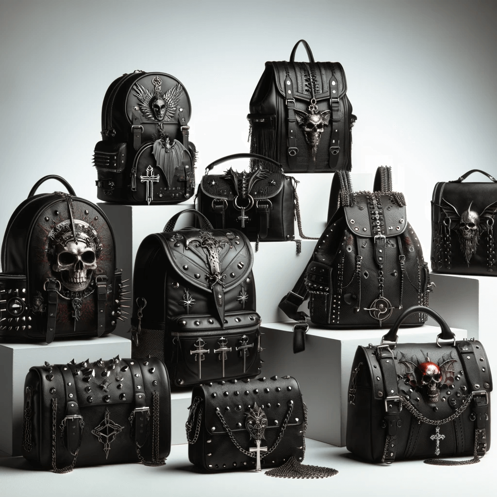 Collection of gothic black leather bags with studs and skull motifs.
