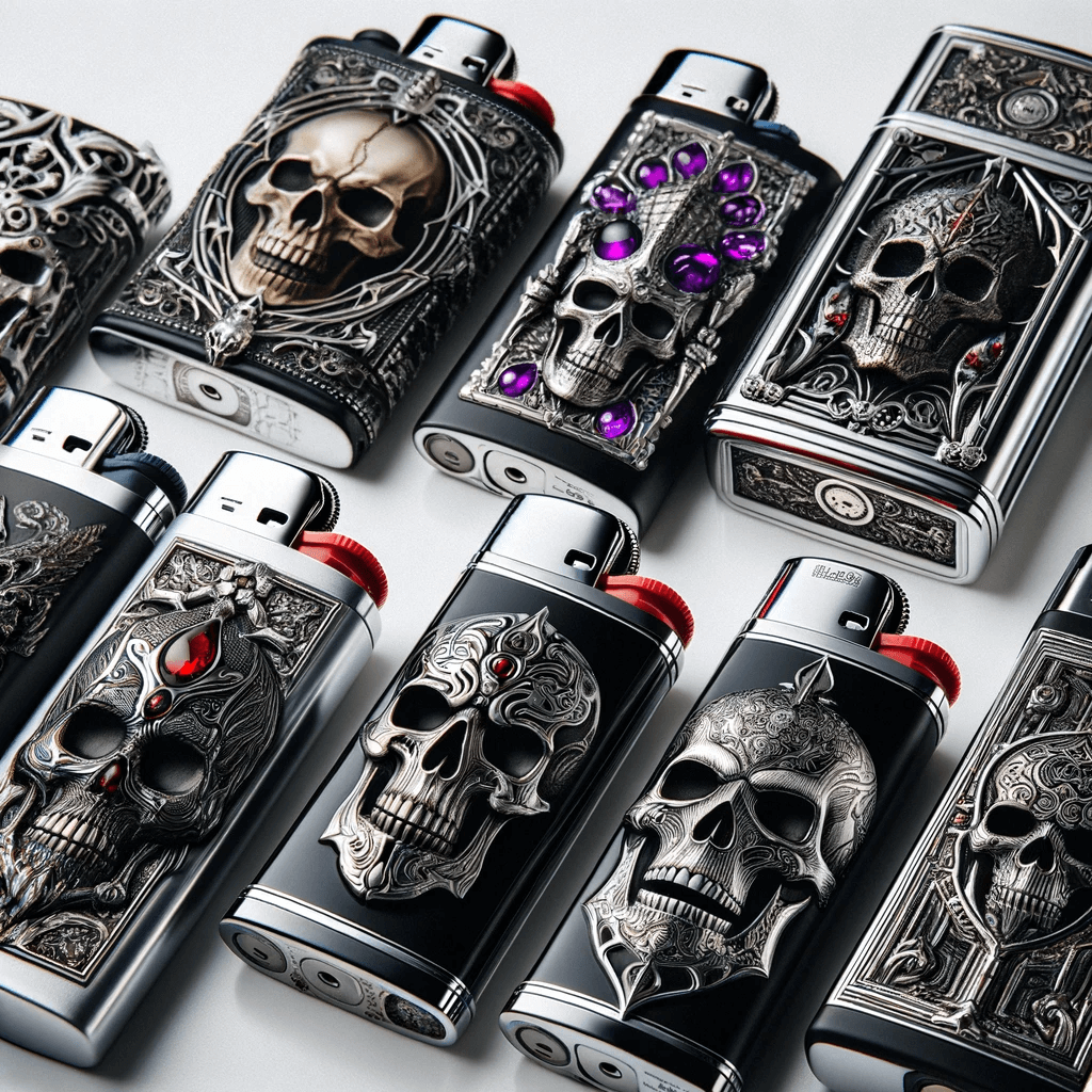 Gothic skull lighters with gem accents on white background, showcasing intricate metalwork and edgy designs