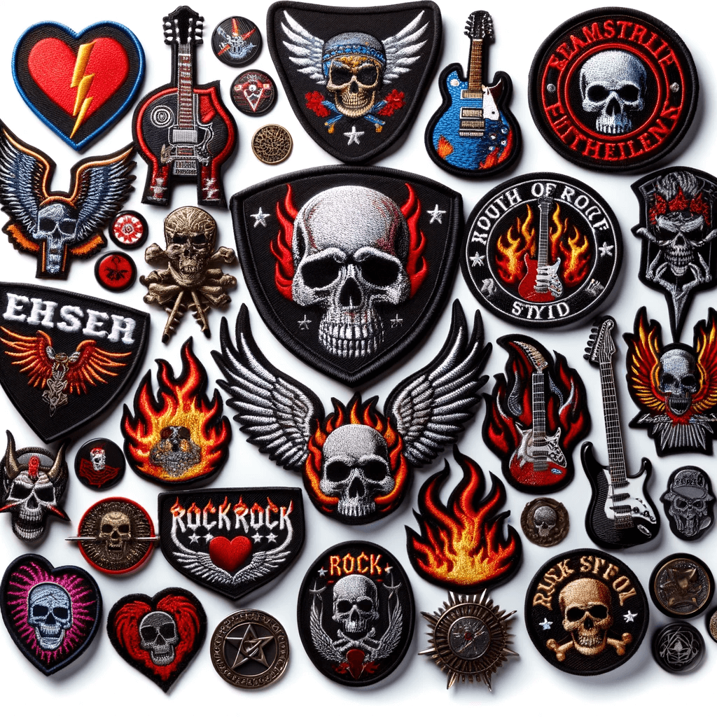 Assorted rock-style patches and badges with skulls, guitars, flames and more.
