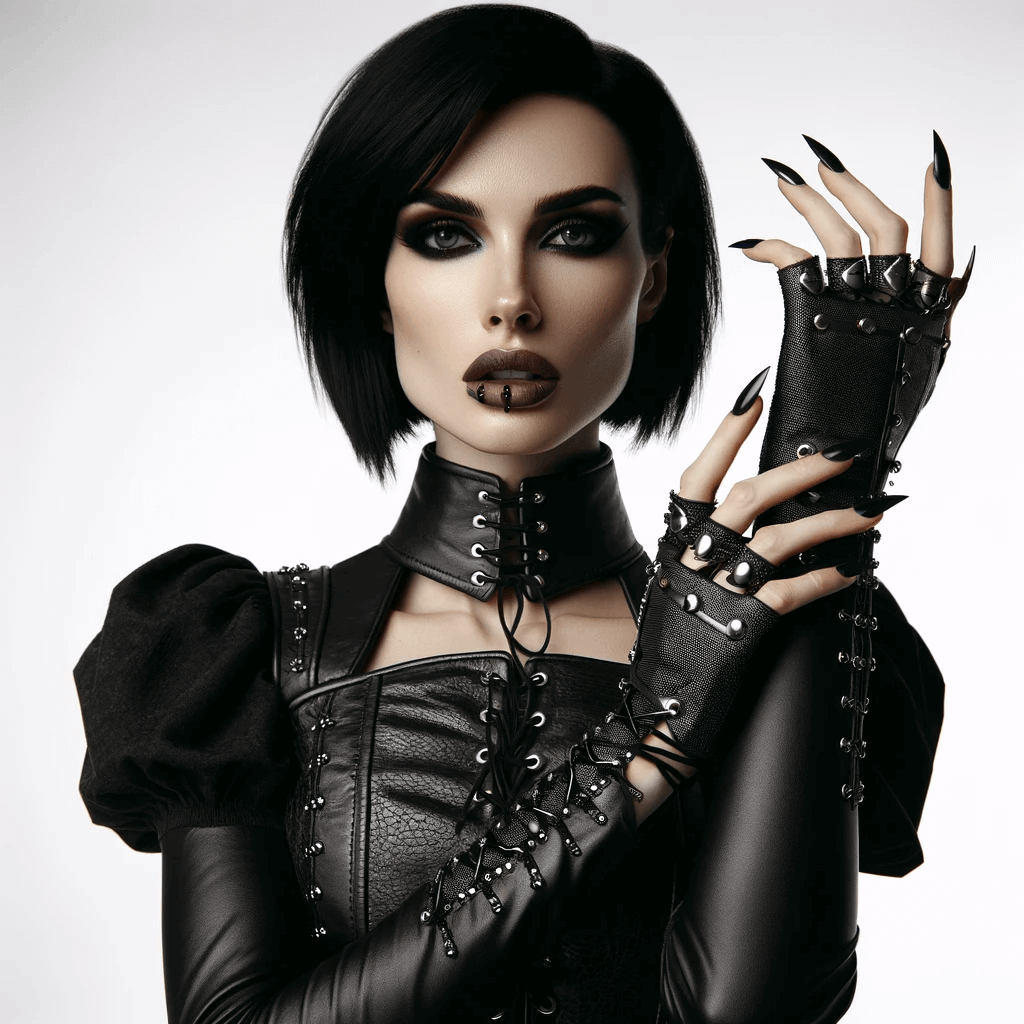 A woman in gothic makeup wearing a black studded gloves and outfit