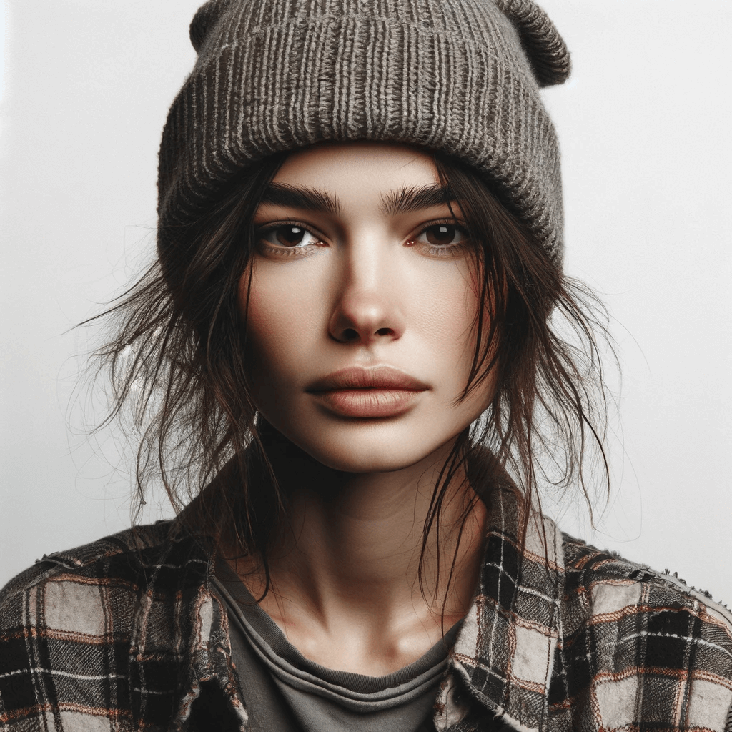 Woman with grunge style, beanie, minimal makeup, and tousled hair.