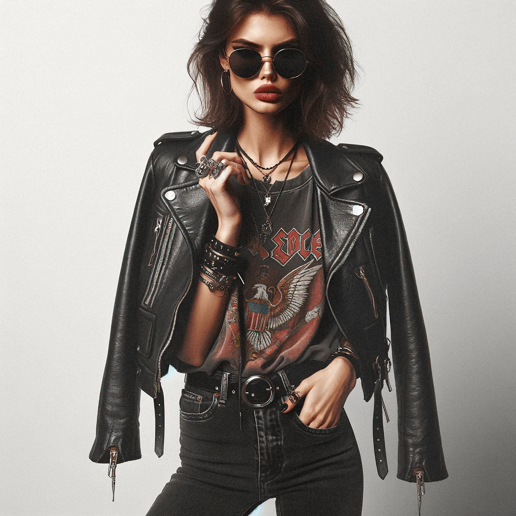Fashionable woman in rock style with sunglasses and leather jacket.