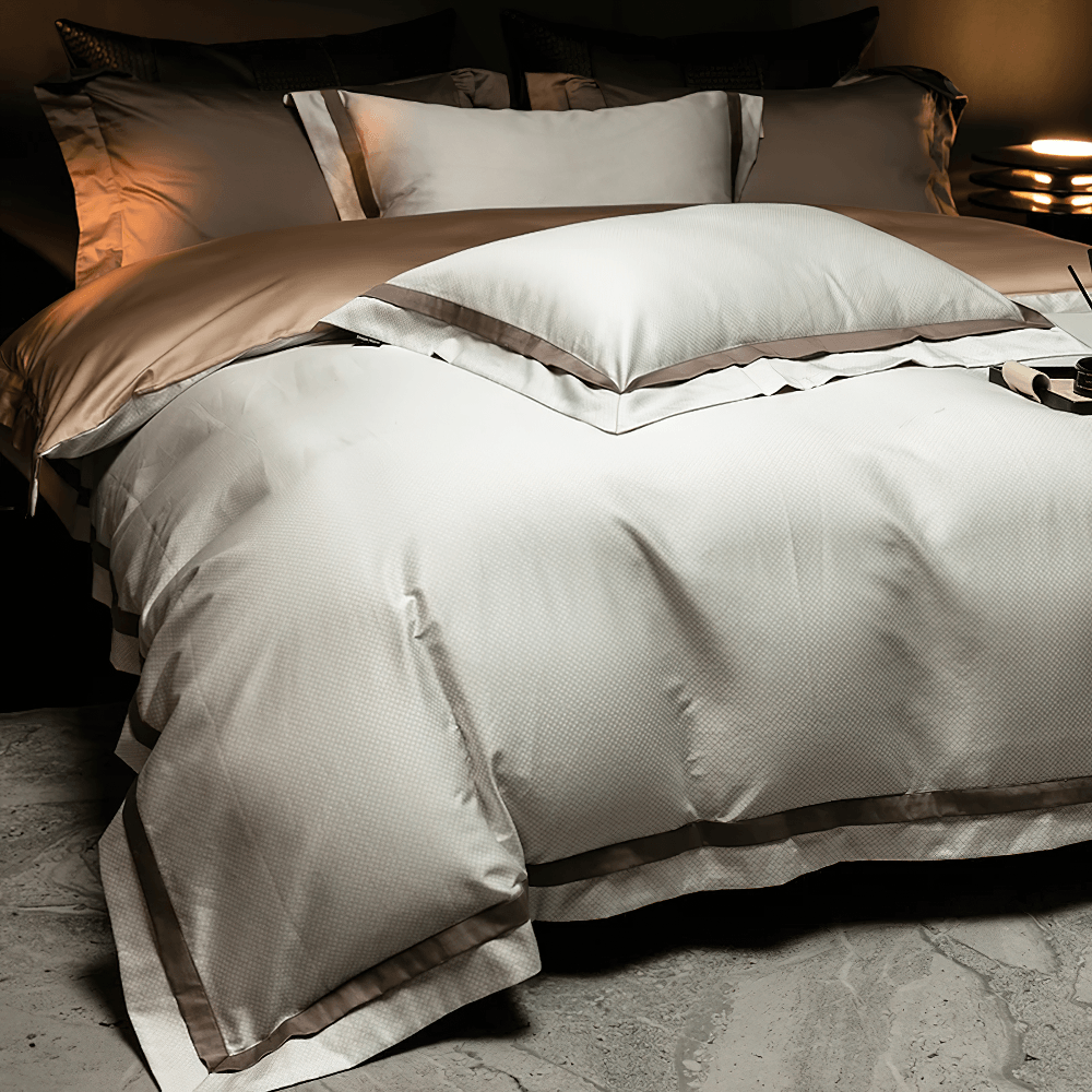 1000TC Egyptian Cotton Satin Bedding Set with Duvet featuring elegant sheen and geometric texture in soft beige.