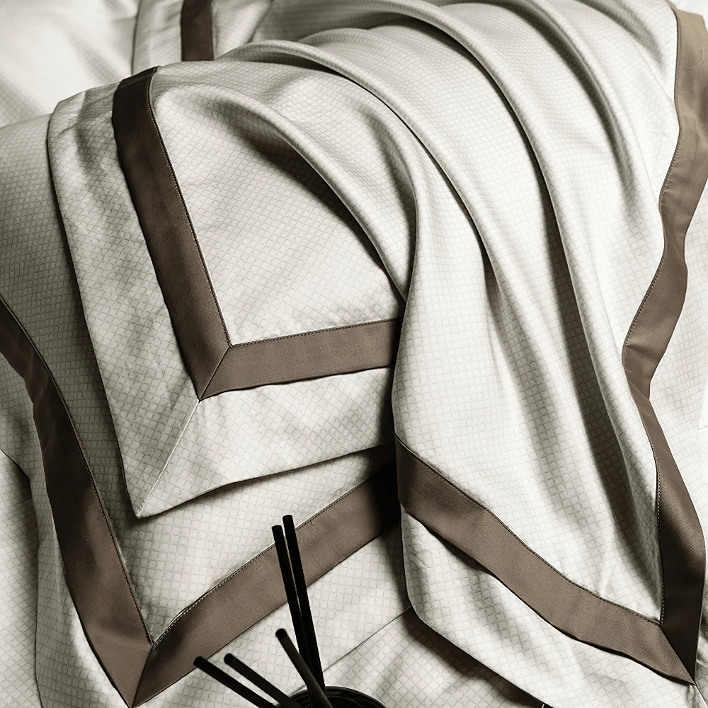 1000TC Egyptian Cotton Satin Bedding Set with Duvet featuring geometric texture and elegant contrast borders.