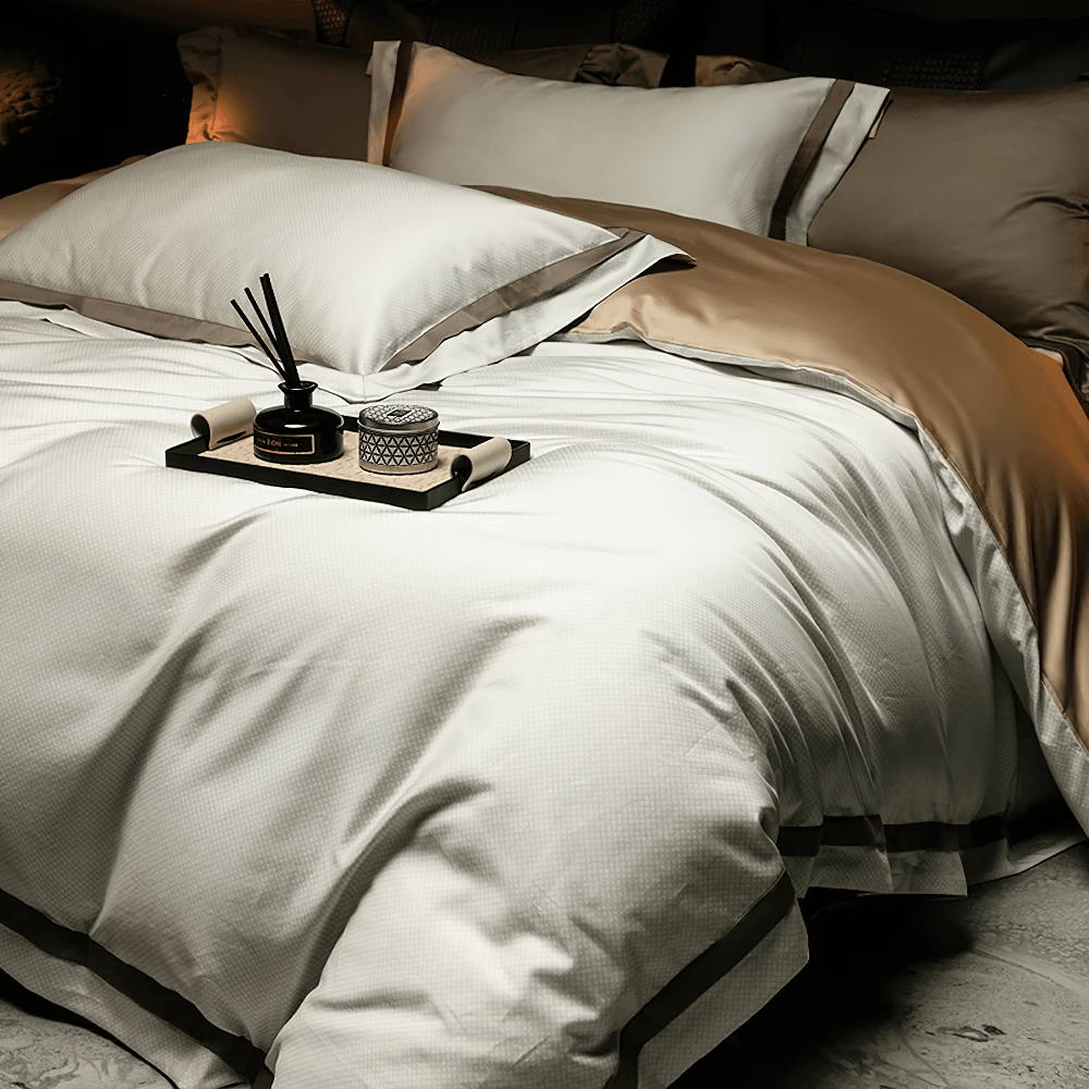 1000TC Egyptian Cotton Satin Bedding Set with Duvet in elegant beige and white tones atop a beautifully styled bed.