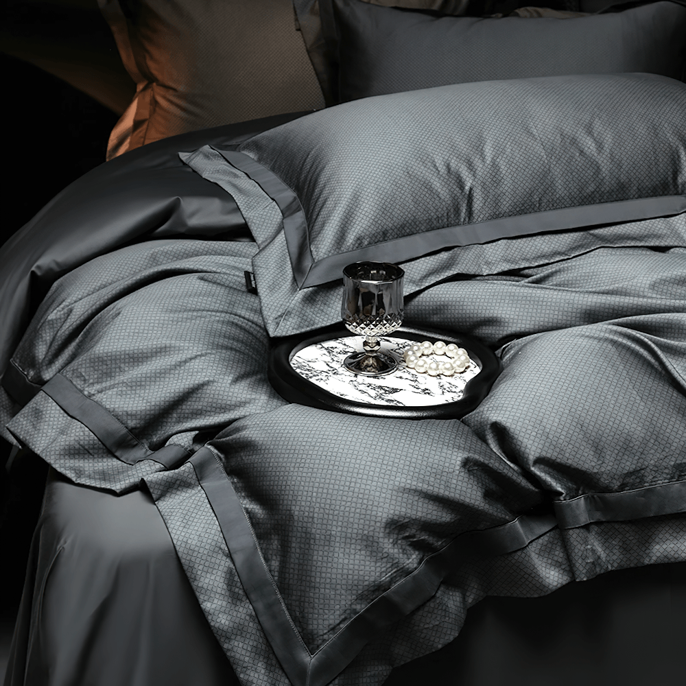 1000TC Egyptian Cotton Satin Bedding Set with Duvet in elegant deep gray with geometric texture and contrast borders.
