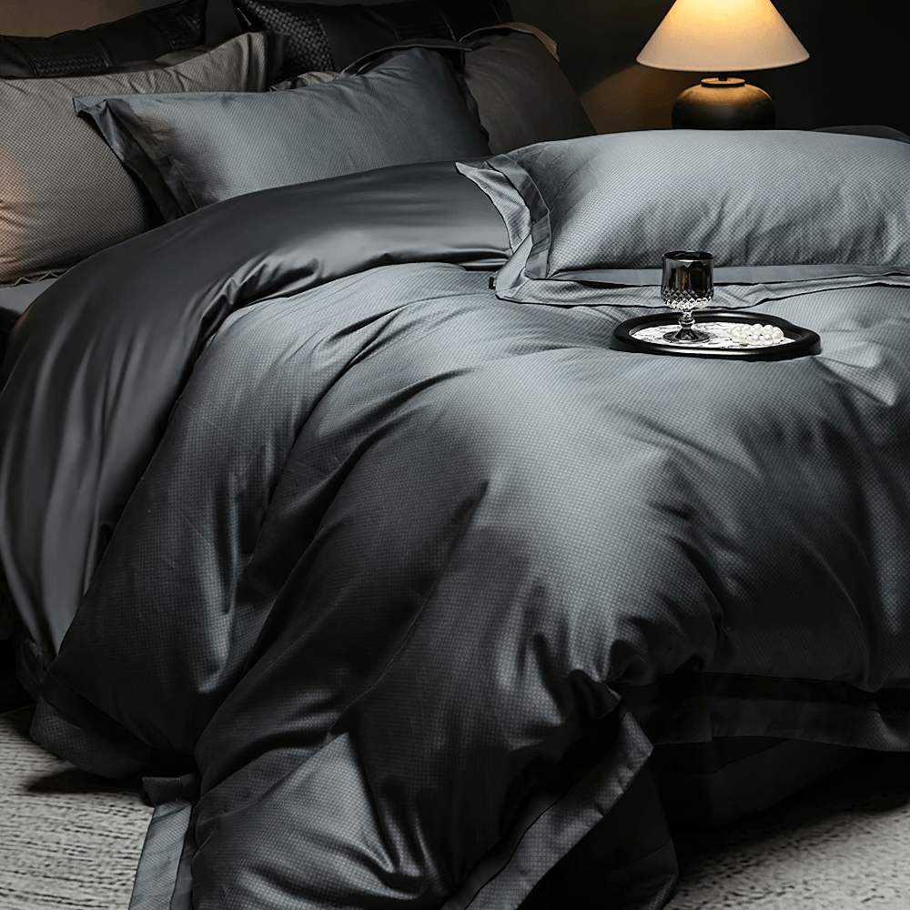 1000TC Egyptian Cotton Satin Bedding Set with Duvet in deep gray color, styled for a luxurious bedroom atmosphere.
