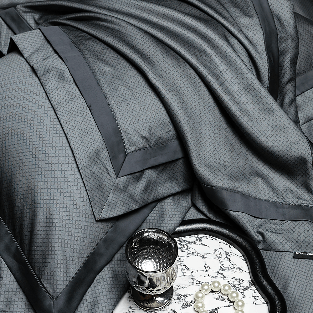 1000TC Egyptian Cotton Satin Bedding Set with Duvet in deep gray, featuring elegant texture and contrast borders.