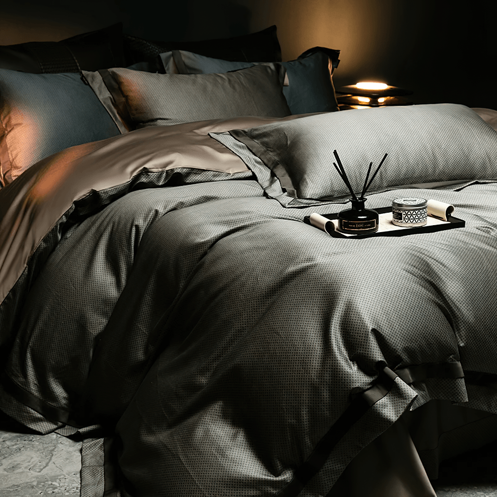 1000TC Egyptian Cotton Satin Bedding Set with Duvet in deep gray, featuring luxurious sheen and elegant geometric texture.