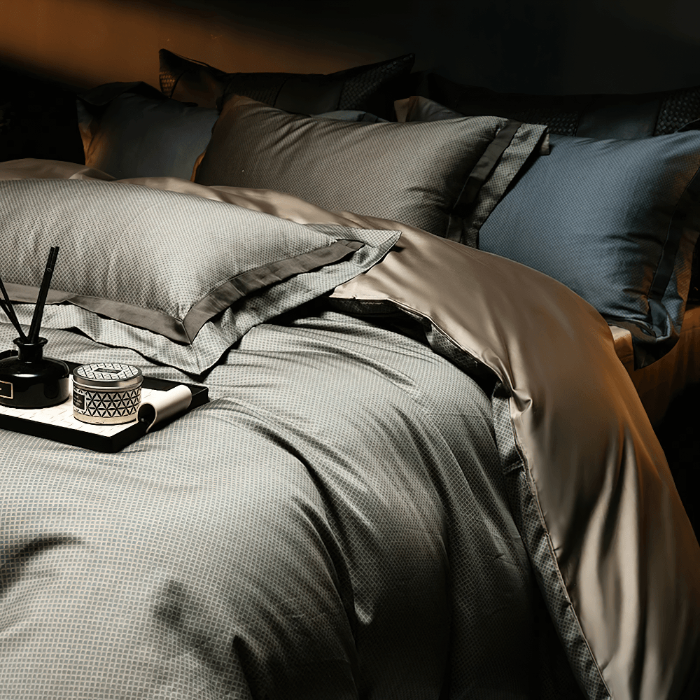 1000TC Egyptian Cotton Satin Bedding Set with Duvet in elegant gray tones with geometric textures.