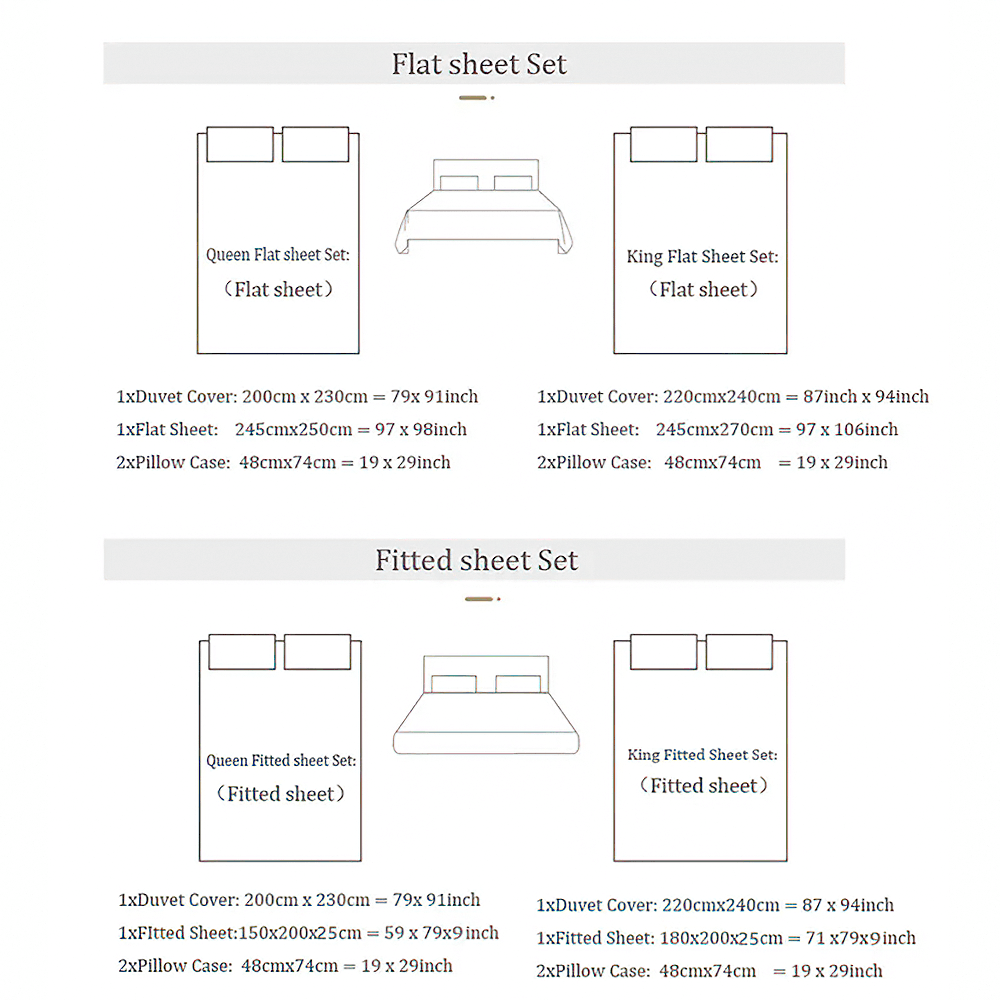 1000TC Egyptian Cotton Satin Bedding Set with Duvet size guide for flat and fitted sheet sets.