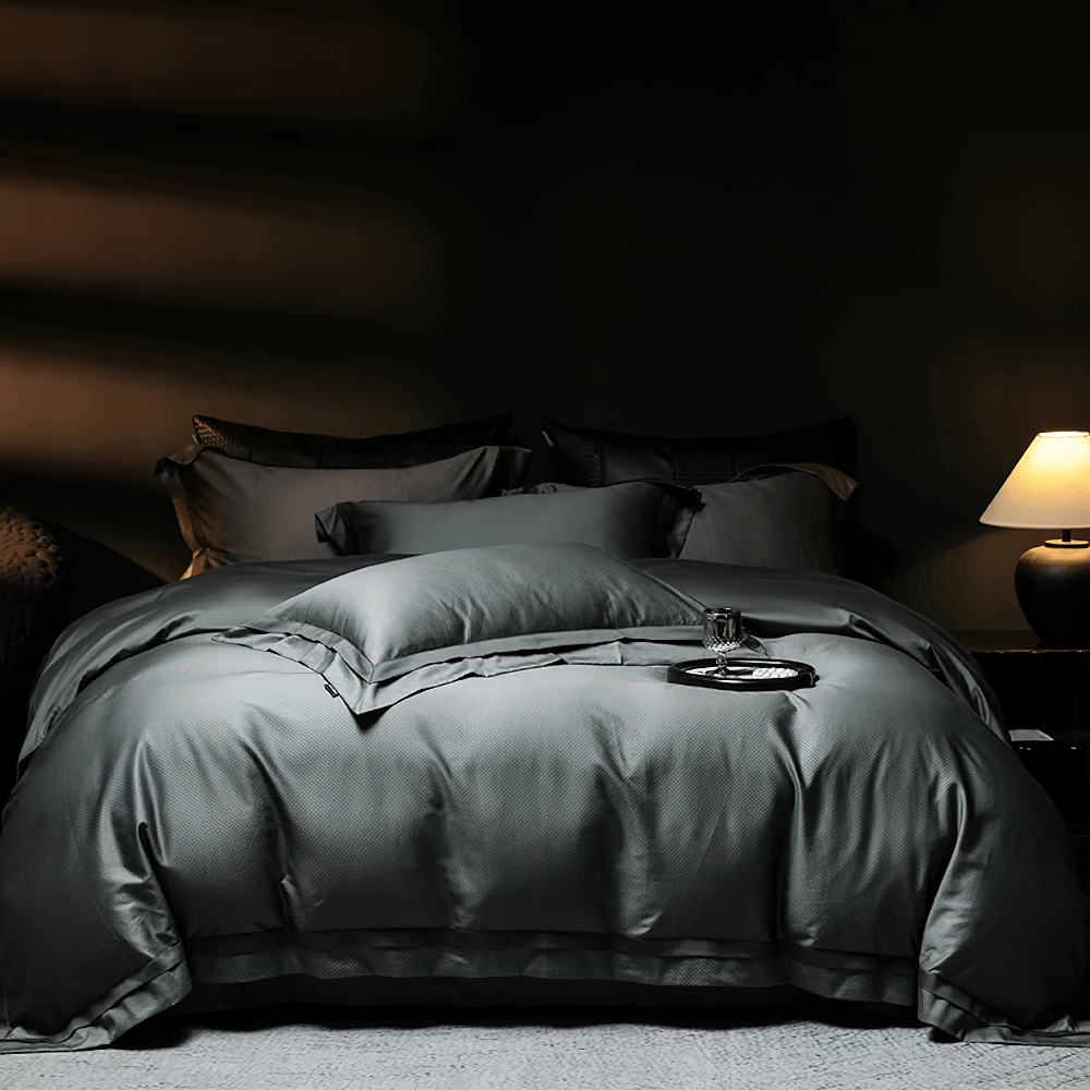 1000TC Egyptian Cotton Satin Bedding Set with Duvet in deep gray, elegant and refined bedroom style.