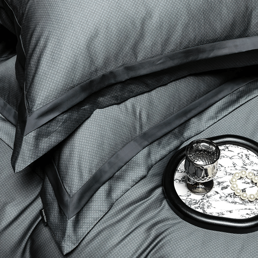 1000TC Egyptian Cotton Satin Bedding Set with Duvet in deep gray, featuring smooth geometric texture and elegant border.