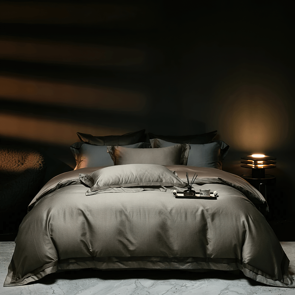 1000TC Egyptian Cotton Satin Bedding Set with Duvet in deep gray, creating an elegant bedroom atmosphere.