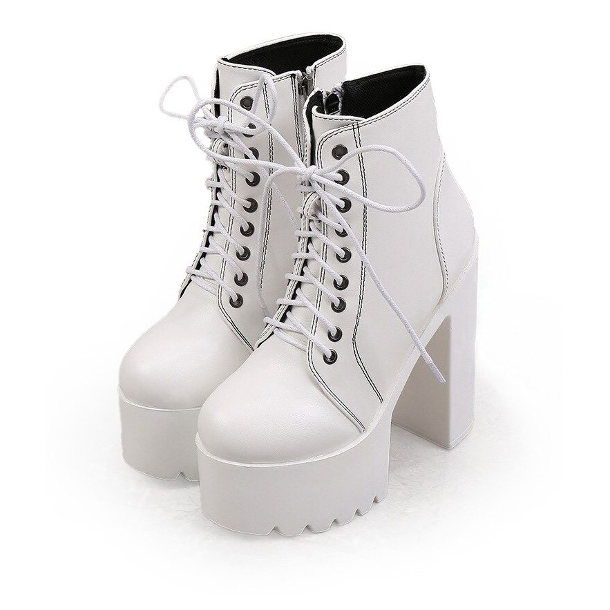 High heel white ankle boots with laces, perfect for goth outfits. Stylish platform design for a chic look.