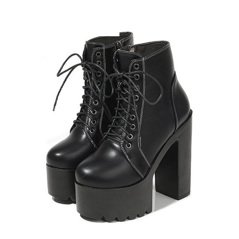 Stylish black 15cm high heel ankle boots with lace-up design, perfect for gothic outfits and versatile styling.