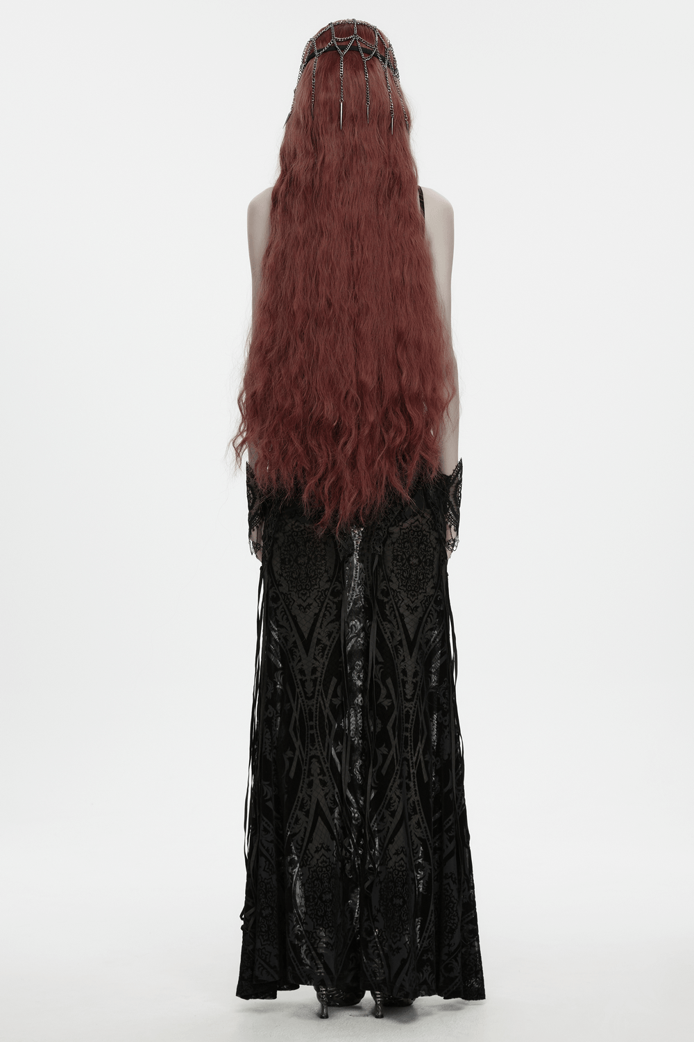 1920s Gothic Spider Web Feather Masquerade Mask worn by a model with long red hair and a black gown showcasing gothic elegance.