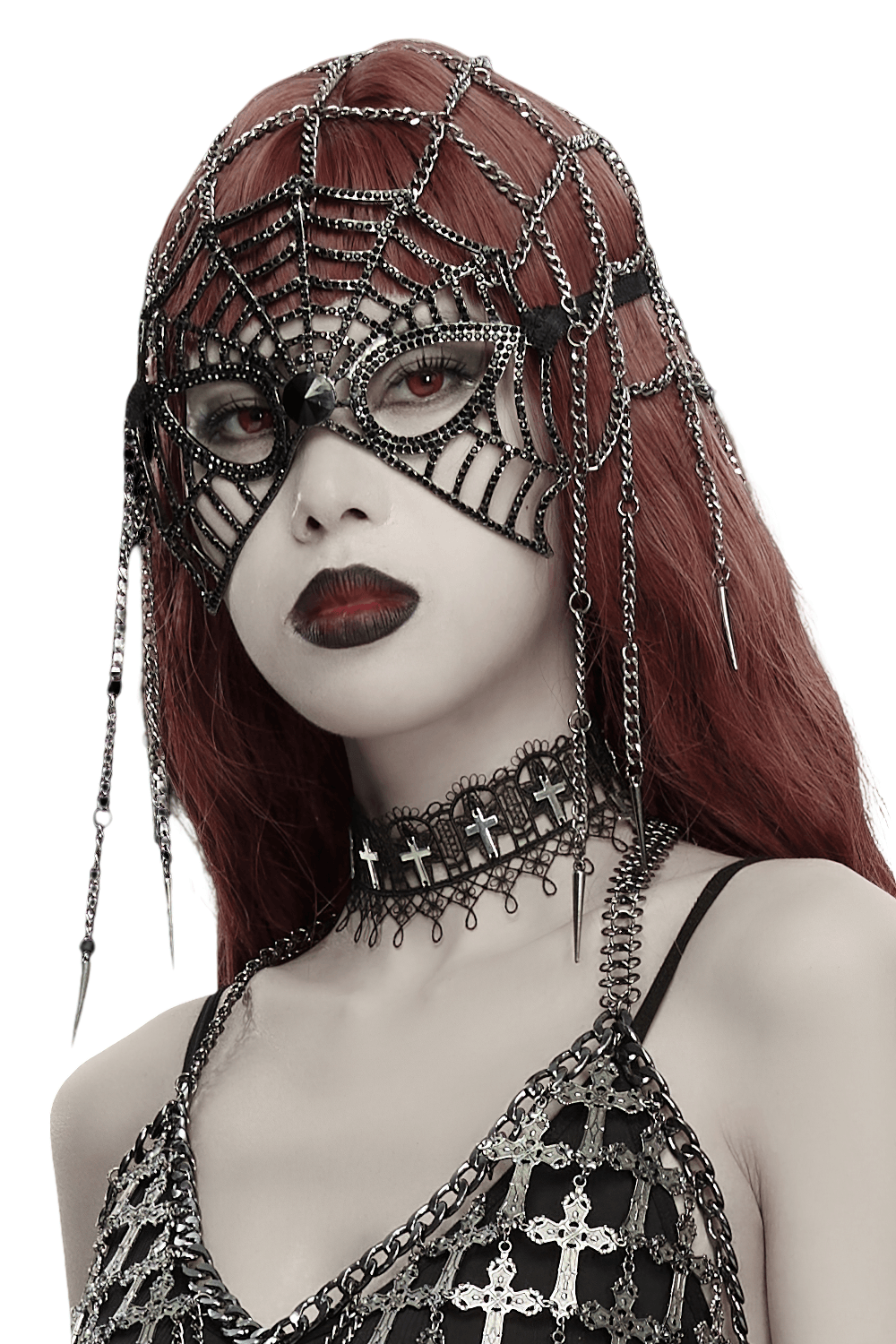 1920s Gothic Spider Web Feather Masquerade Mask adorned with chains and feathers for a dramatic look.