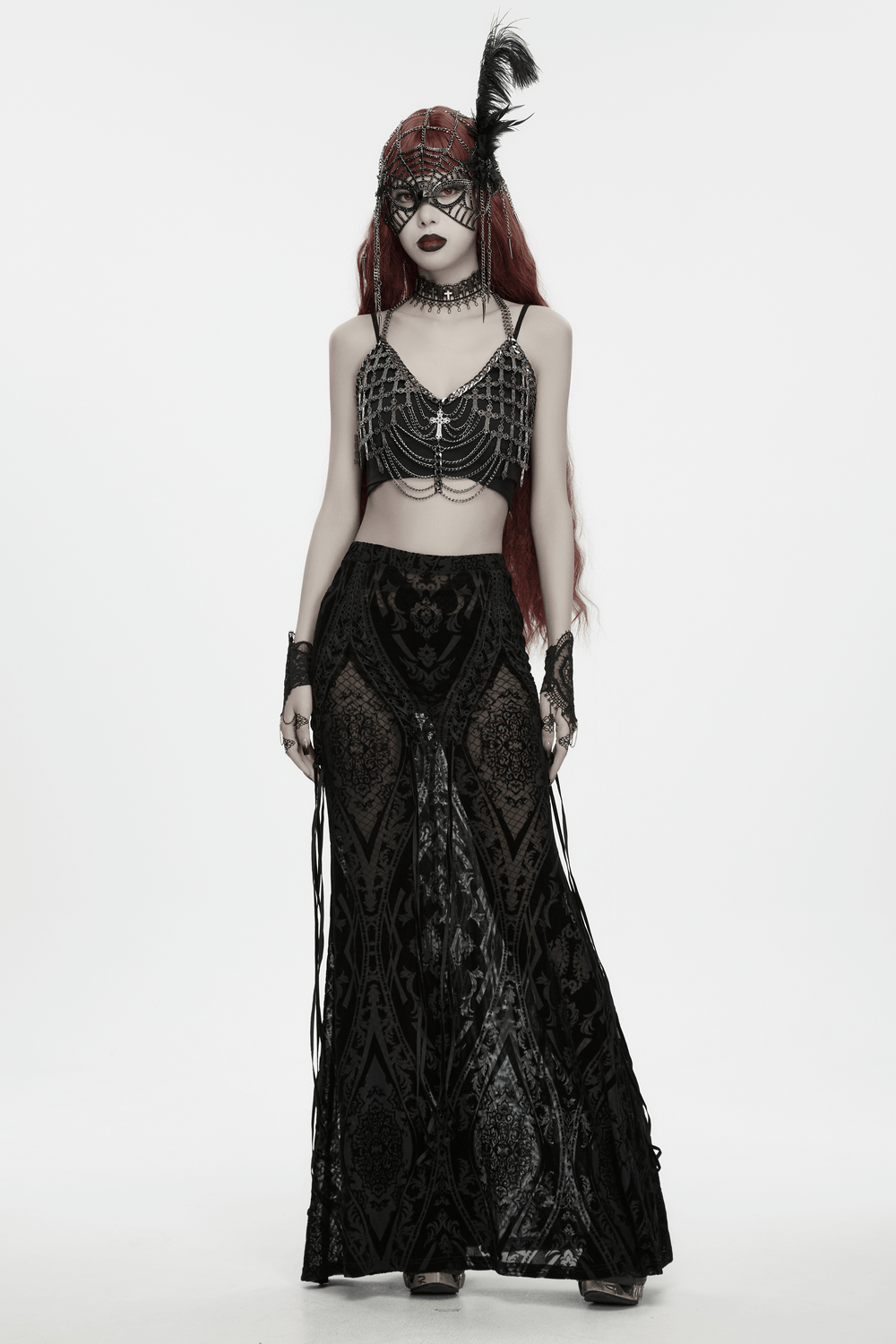 1920s Gothic Spider Web Feather Masquerade Mask worn by a model with long red hair, showcasing gothic style and elegance.