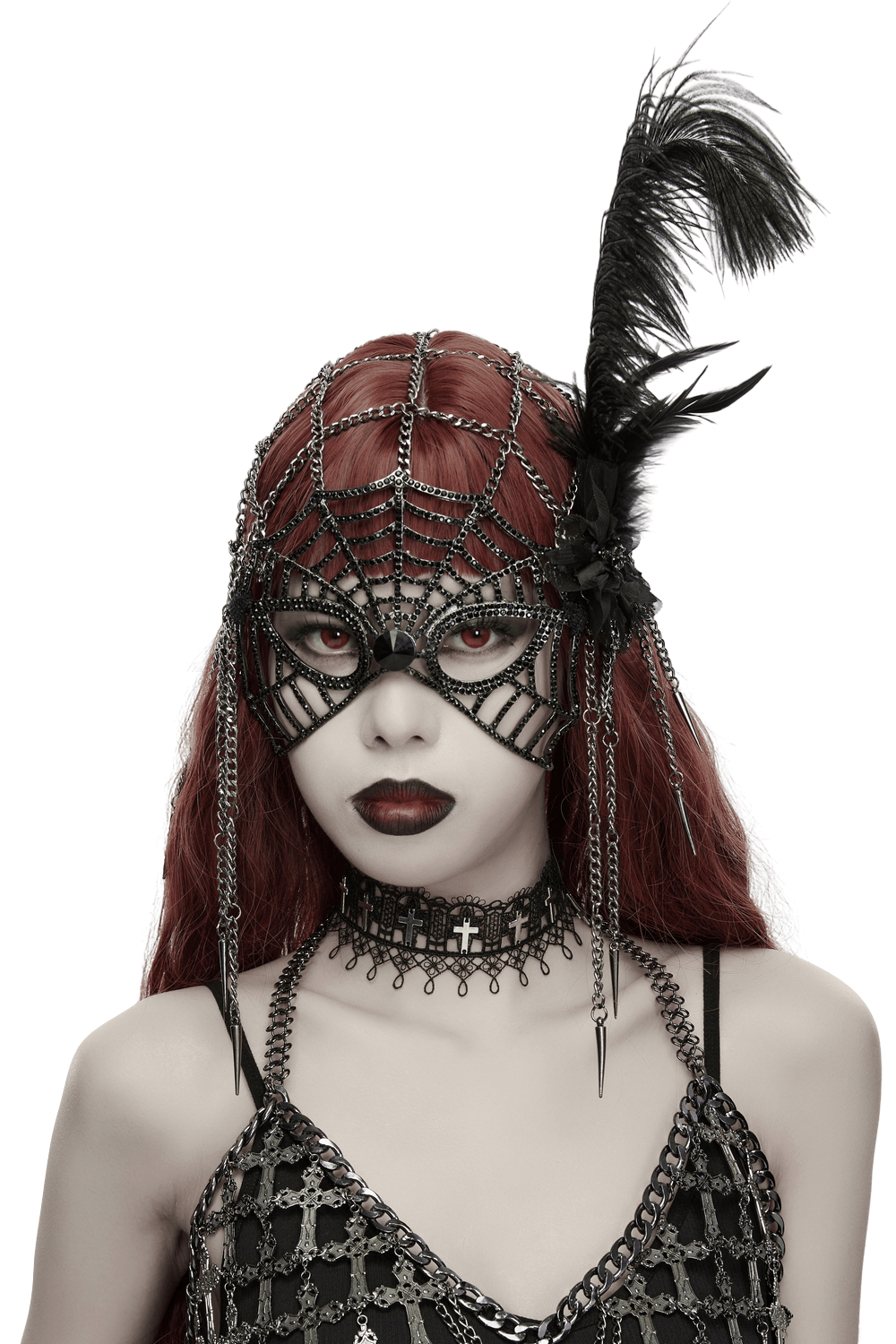 1920s Gothic Spider Web Feather Masquerade Mask featuring chains, feathers, and a dramatic silhouette.