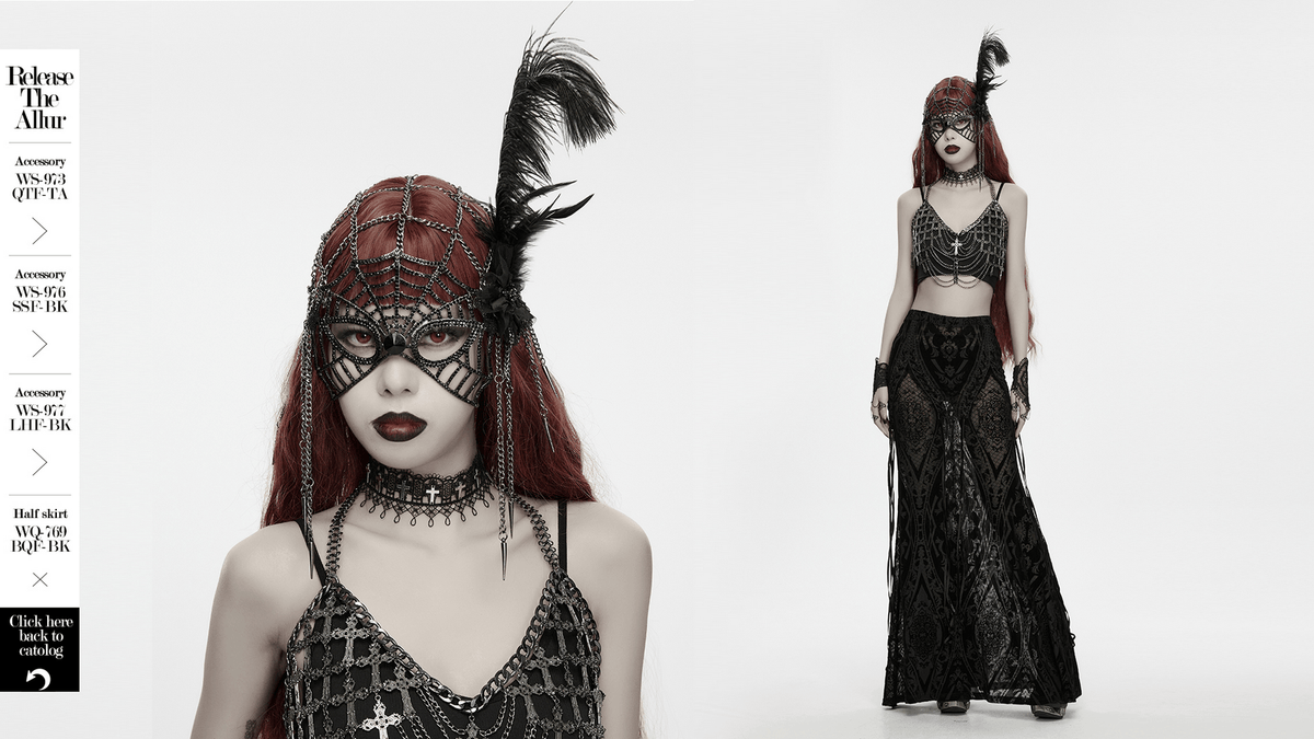 Model wearing 1920s Gothic Spider Web Feather Masquerade Mask with dramatic attire and a striking feather detail.