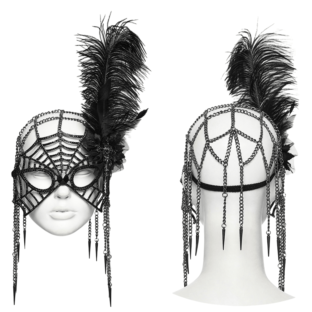 1920s Gothic Spider Web Feather Masquerade Mask featuring black feathers and intricate chain details.