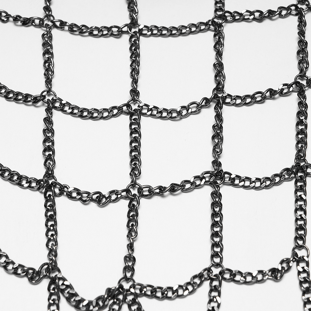 Detail of chain design for 1920s Gothic Spider Web Feather Masquerade Mask, showcasing intricate metal work.