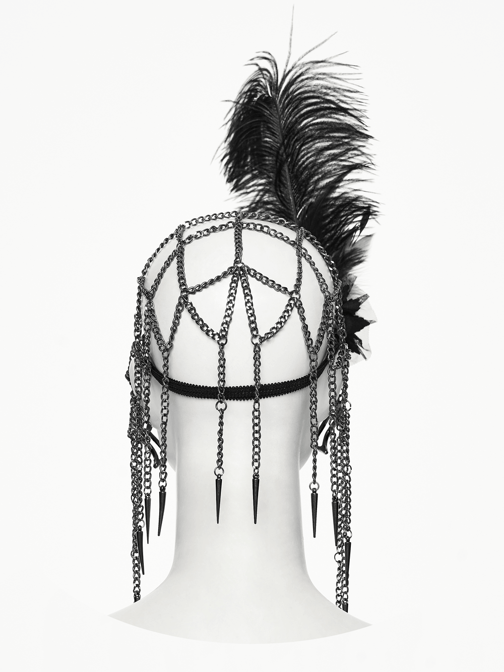 1920s Gothic Spider Web Feather Masquerade Mask with chains and feathers for a striking look.