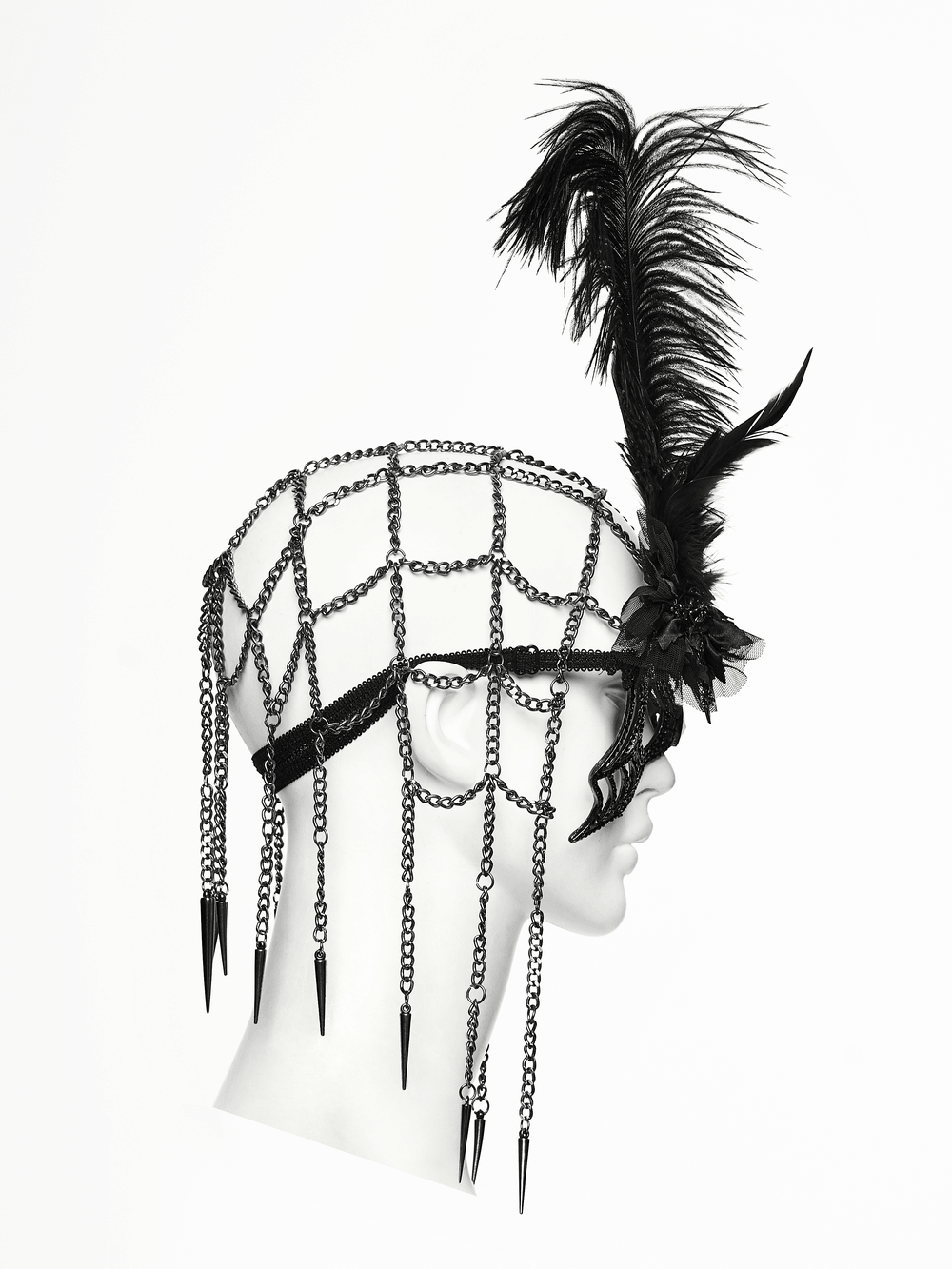 1920s Gothic Spider Web Feather Masquerade Mask with chains and black feather tulle on a mannequin head.