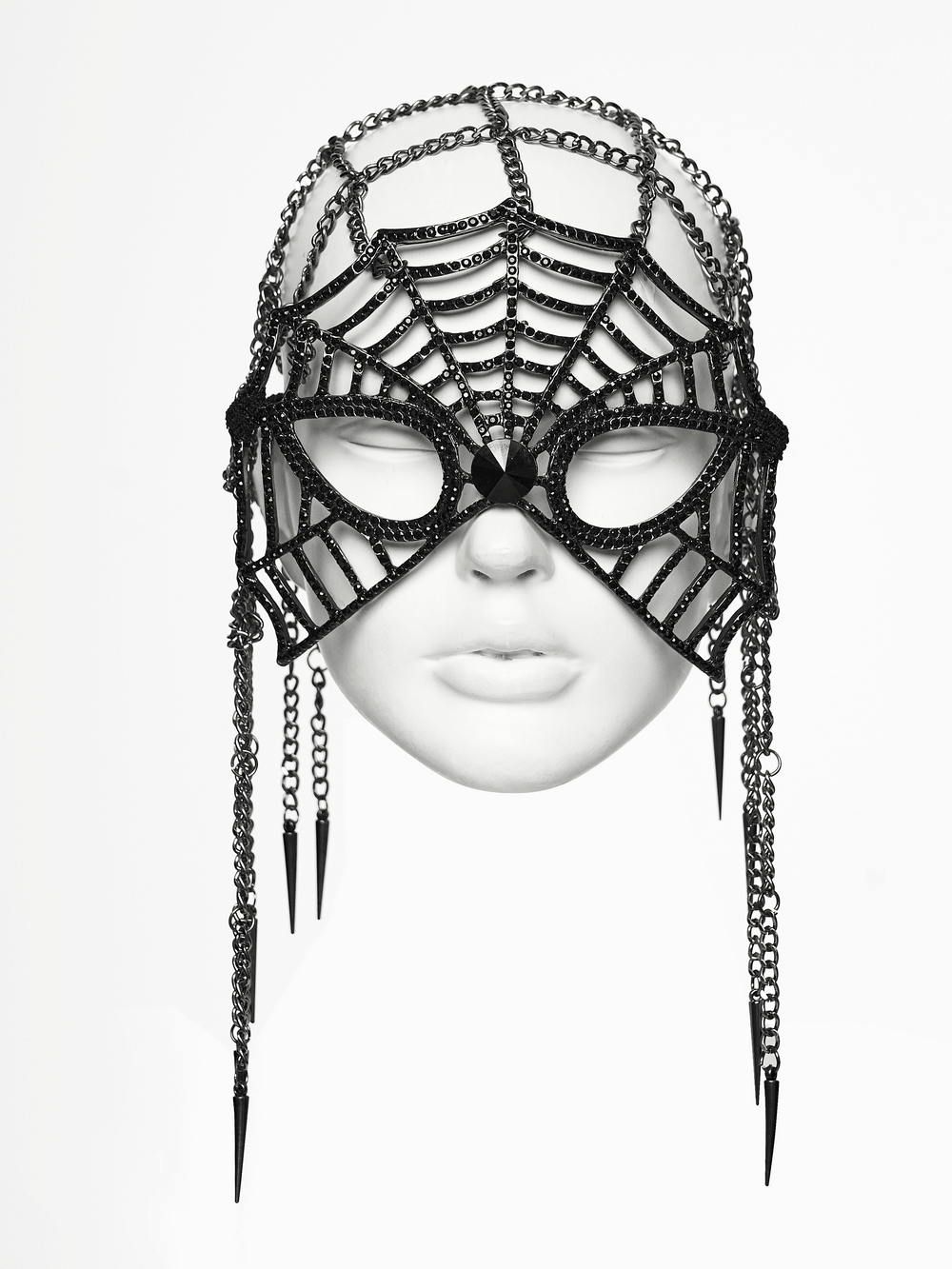 1920s Gothic Spider Web Feather Masquerade Mask with rhinestones and chains on a mannequin head