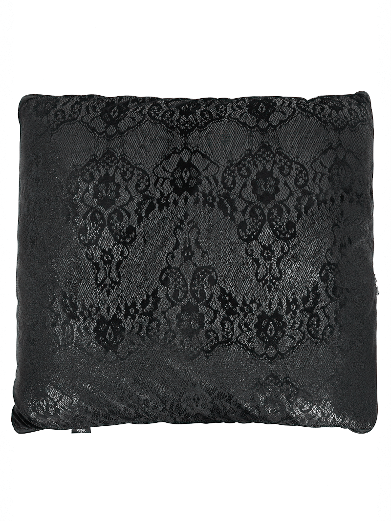 Elegant black pillow with vintage lace pattern, perfect for gothic decor and cozy styling.