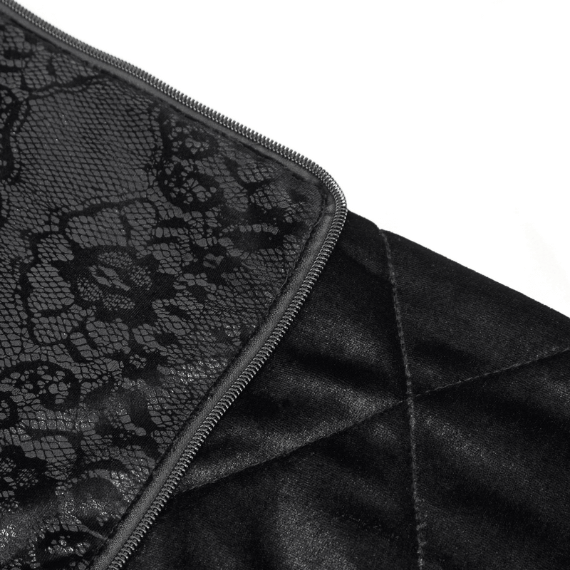 Close-up of a 2-in-1 gothic black blanket featuring intricate lace patterns and stylish quilted texture.