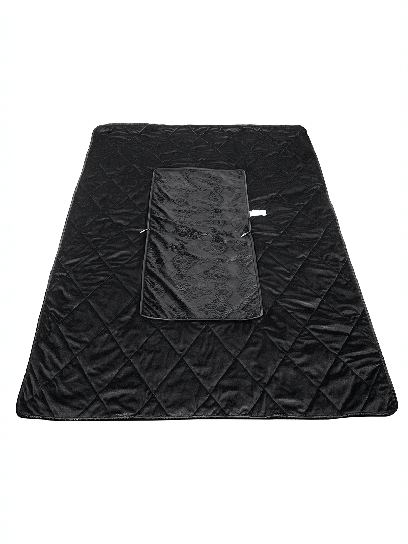 Elegant black 2-in-1 cushion blanket with baroque ornaments, perfect for gothic decor and cozy comfort.