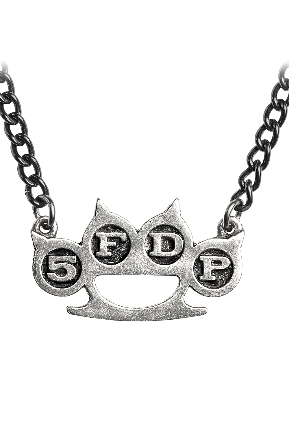 Five Finger Death Punch knuckle duster pendant in antiqued pewter on a curb chain, showcasing bold logo design.