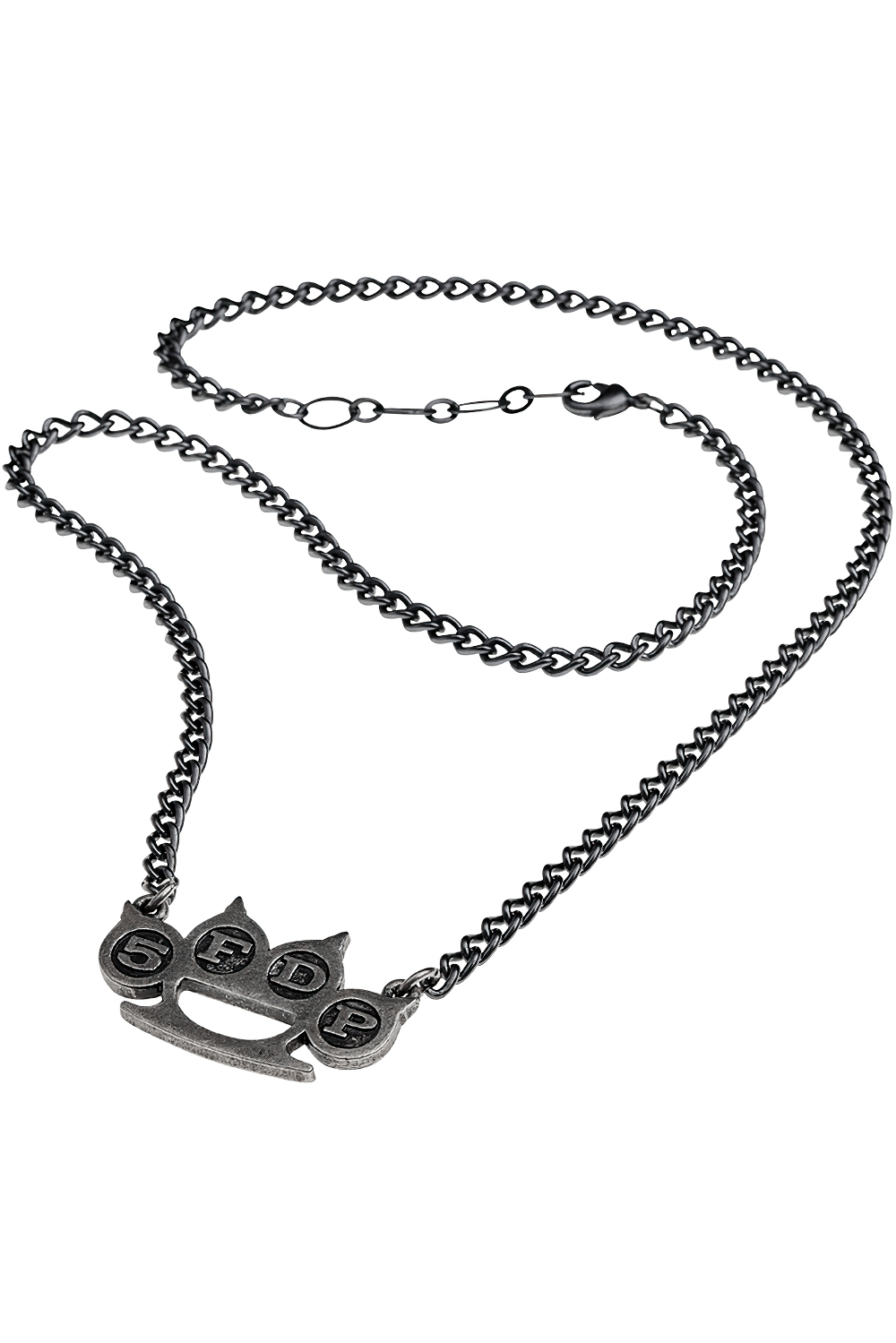 5 Finger Death Punch knuckle duster pendant with curb chain, stylish heavy metal accessory.
